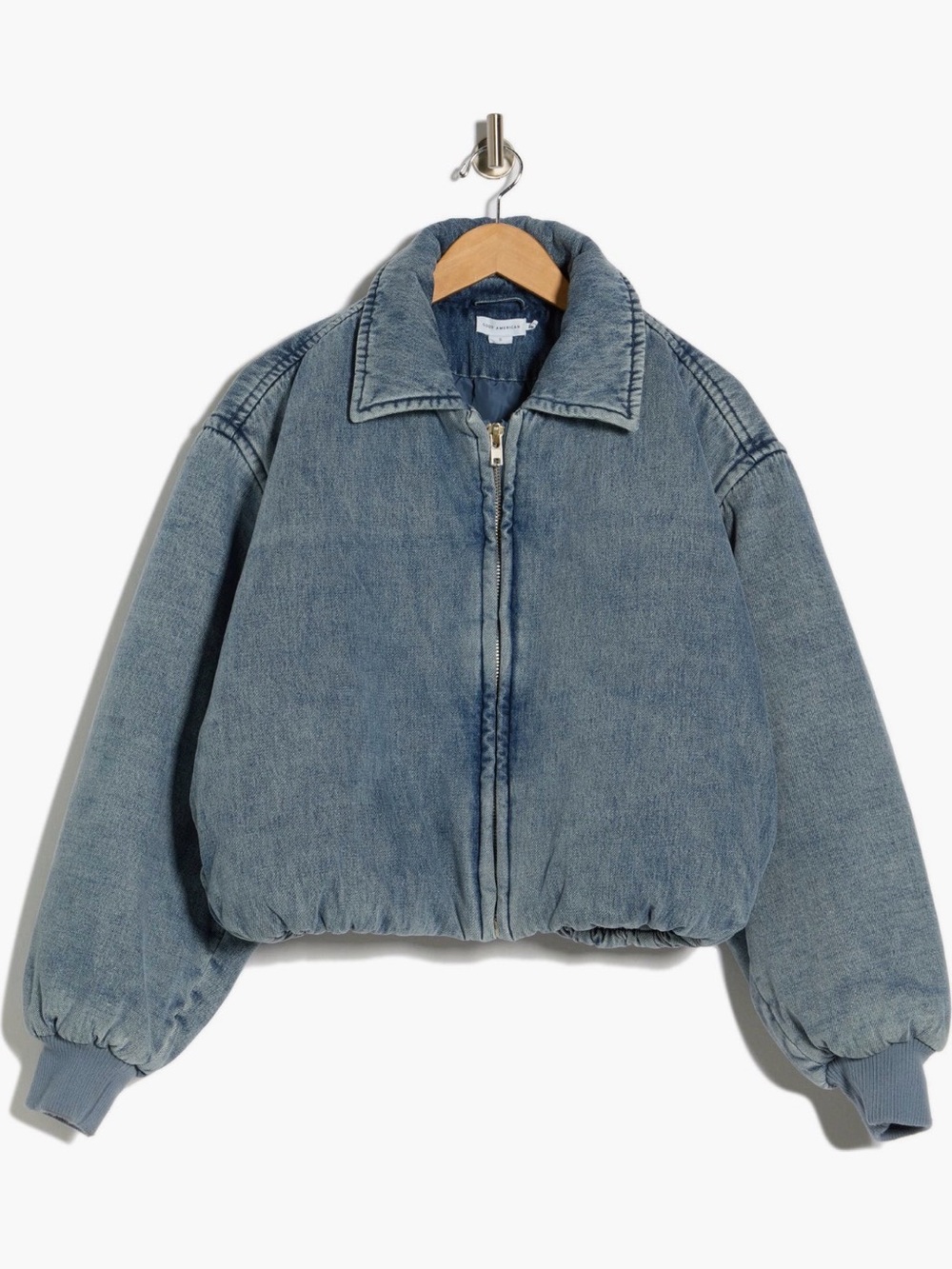 Good American Denim Blue Zip-Front Bomber Puffer Jacket